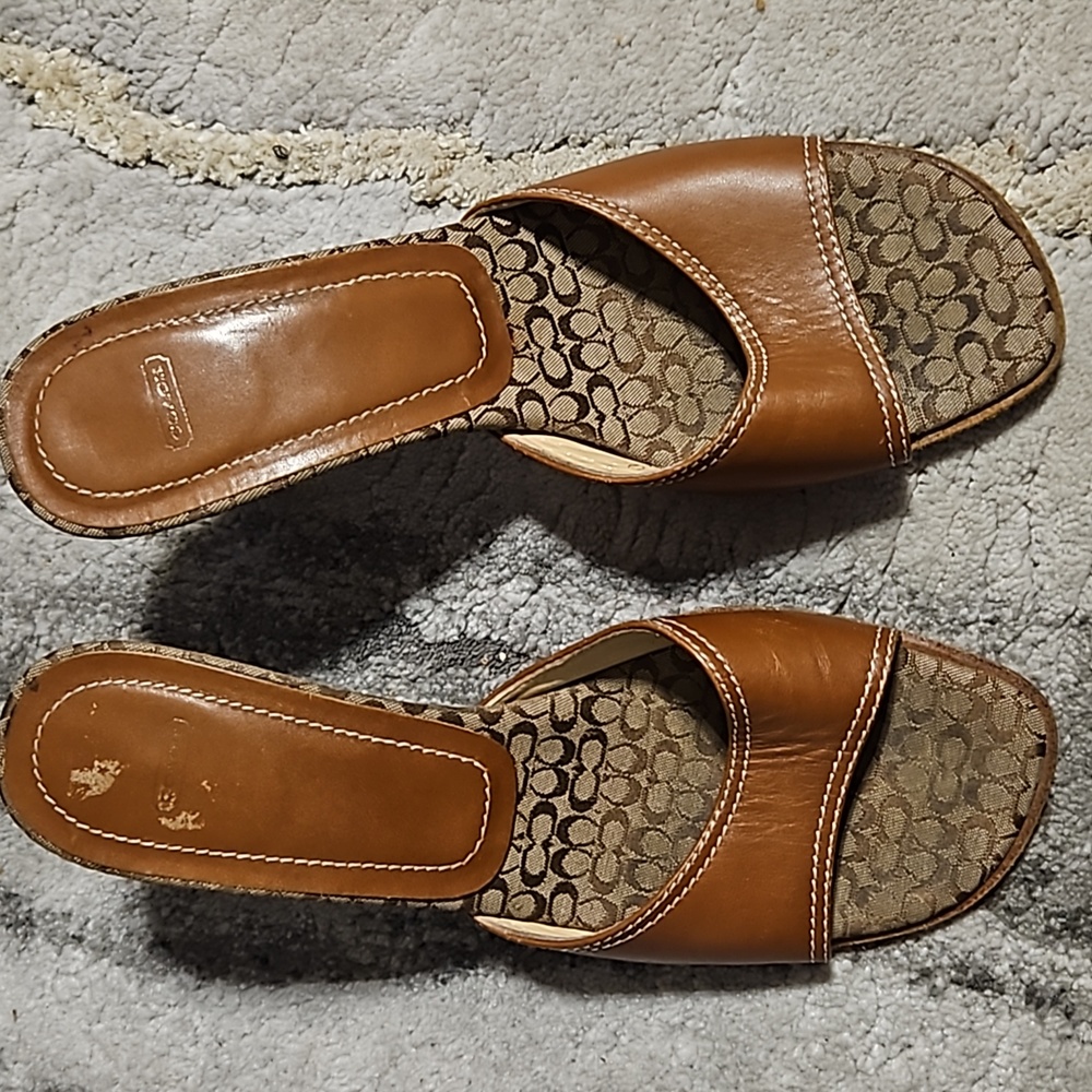 Coach Marnie Brown Open Toe Logo Print Sandal Slide Heels